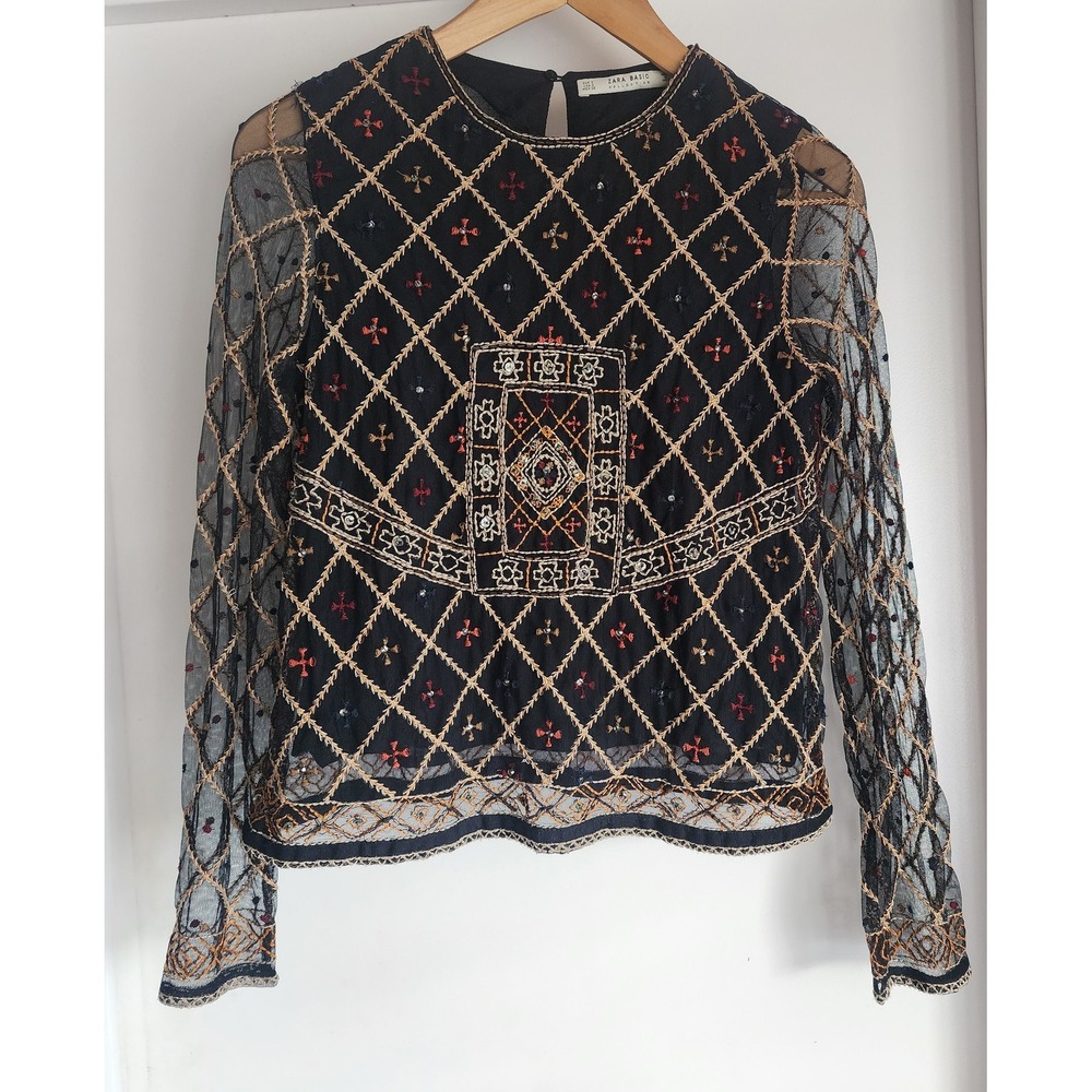 Zara Basic Embroidered Mesh Blouse S Black Boho Geometric Sheer Tapestry Top